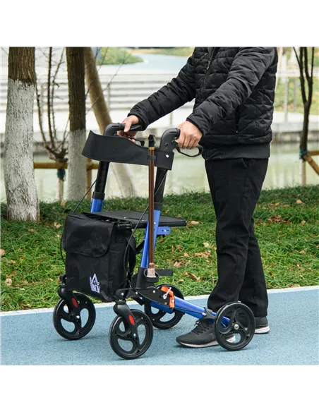 HOMCOM 4 Wheel Rollator with Seat and Back, Folding Mobility Walker with Carry Bag, Adjustable Height, Dual Brakes, Cane Holder,