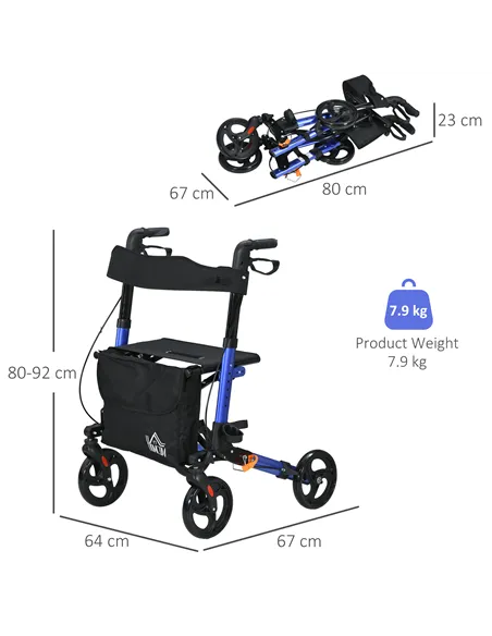 HOMCOM 4 Wheel Rollator with Seat and Back, Folding Mobility Walker with Carry Bag, Adjustable Height, Dual Brakes, Cane Holder,