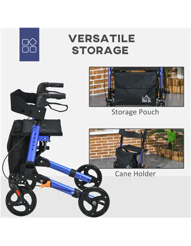 HOMCOM 4 Wheel Rollator with Seat and Back, Folding Mobility Walker with Carry Bag, Adjustable Height, Dual Brakes, Cane Holder,