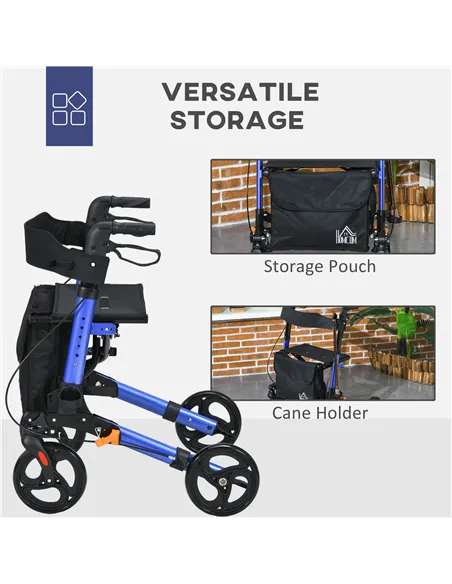 HOMCOM 4 Wheel Rollator with Seat and Back, Folding Mobility Walker with Carry Bag, Adjustable Height, Dual Brakes, Cane Holder,