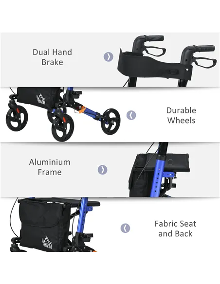 HOMCOM 4 Wheel Rollator with Seat and Back, Folding Mobility Walker with Carry Bag, Adjustable Height, Dual Brakes, Cane Holder,