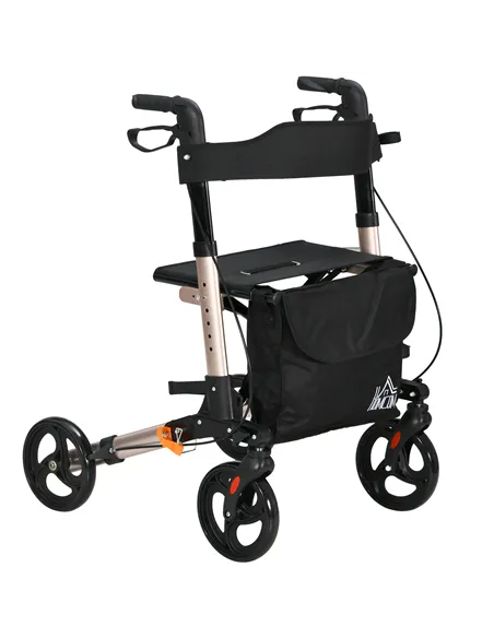 HOMCOM 4 Wheel Rollator with Seat and Back, Folding Mobility Walker with Carry Bag, Adjustable Height, Dual Brakes, Cane Holder,