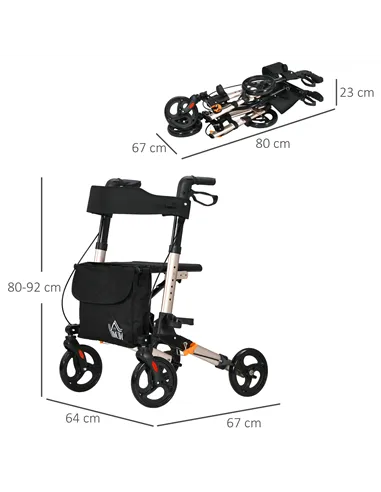 HOMCOM 4 Wheel Rollator with Seat and Back, Folding Mobility Walker with Carry Bag, Adjustable Height, Dual Brakes, Cane Holder,