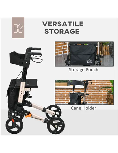 HOMCOM 4 Wheel Rollator with Seat and Back, Folding Mobility Walker with Carry Bag, Adjustable Height, Dual Brakes, Cane Holder,