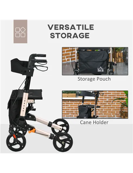 HOMCOM 4 Wheel Rollator with Seat and Back, Folding Mobility Walker with Carry Bag, Adjustable Height, Dual Brakes, Cane Holder,
