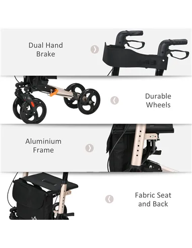 HOMCOM 4 Wheel Rollator with Seat and Back, Folding Mobility Walker with Carry Bag, Adjustable Height, Dual Brakes, Cane Holder,