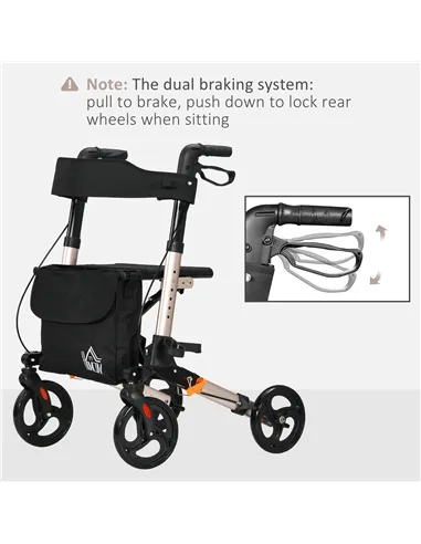HOMCOM 4 Wheel Rollator with Seat and Back, Folding Mobility Walker with Carry Bag, Adjustable Height, Dual Brakes, Cane Holder,