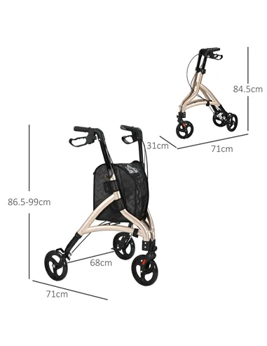 HOMCOM 3 Wheel Rollator, Lightweight Aluminium Tri Walker with Adjustable Handle, Storage Bag and Dual Brakes, Folding Mobility 