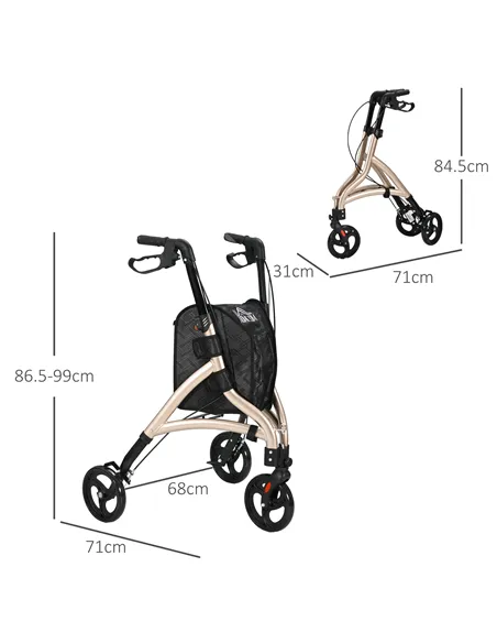 HOMCOM 3 Wheel Rollator, Lightweight Aluminium Tri Walker with Adjustable Handle, Storage Bag and Dual Brakes, Folding Mobility 