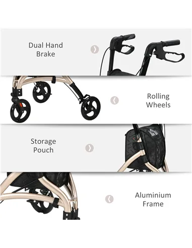 HOMCOM 3 Wheel Rollator, Lightweight Aluminium Tri Walker with Adjustable Handle, Storage Bag and Dual Brakes, Folding Mobility 