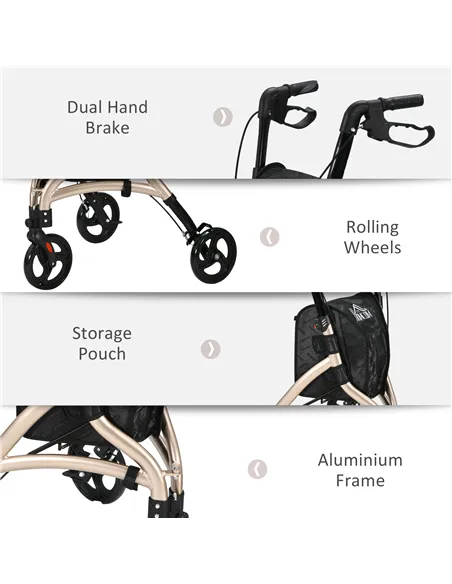 HOMCOM 3 Wheel Rollator, Lightweight Aluminium Tri Walker with Adjustable Handle, Storage Bag and Dual Brakes, Folding Mobility 