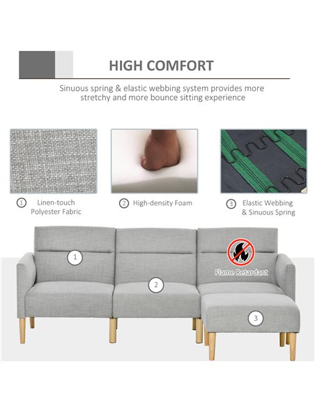 HOMCOM L Shape Sofa Bed Set, Linen Fabric Corner Sofa Bed with Rubber Wood Legs and Footstool, Light Grey