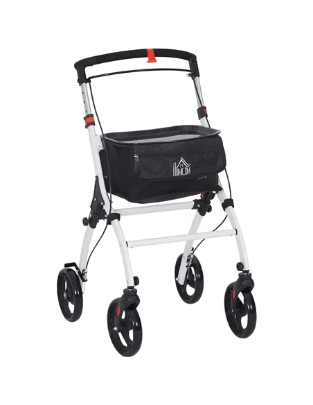 HOMCOM Folding Upright Rollator Walker with Lightweight Walking Frame, Storage Bag, Tray, Dual Brakes, Adjustable Handle Height,