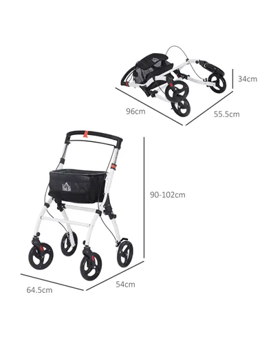 HOMCOM Folding Upright Rollator Walker with Lightweight Walking Frame, Storage Bag, Tray, Dual Brakes, Adjustable Handle Height,