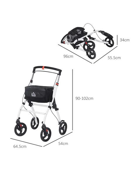 HOMCOM Folding Upright Rollator Walker with Lightweight Walking Frame, Storage Bag, Tray, Dual Brakes, Adjustable Handle Height,