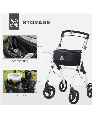 HOMCOM Folding Upright Rollator Walker with Lightweight Walking Frame, Storage Bag, Tray, Dual Brakes, Adjustable Handle Height,