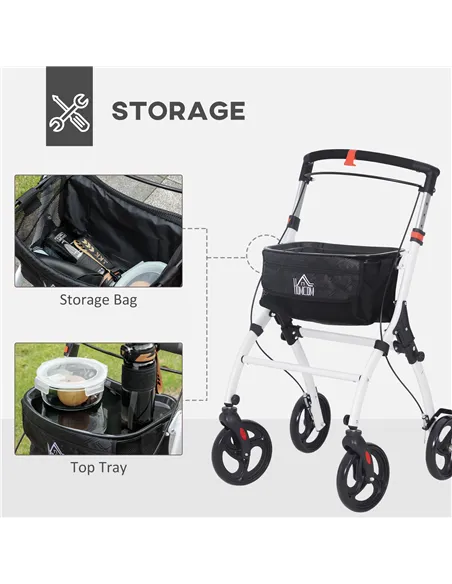 HOMCOM Folding Upright Rollator Walker with Lightweight Walking Frame, Storage Bag, Tray, Dual Brakes, Adjustable Handle Height,