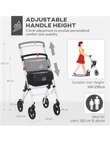 HOMCOM Folding Upright Rollator Walker with Lightweight Walking Frame, Storage Bag, Tray, Dual Brakes, Adjustable Handle Height,