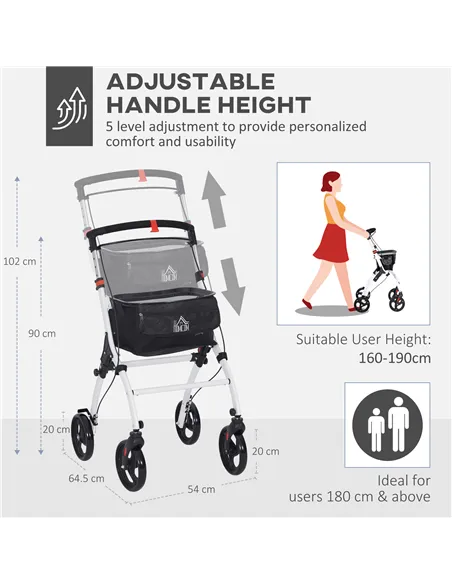 HOMCOM Folding Upright Rollator Walker with Lightweight Walking Frame, Storage Bag, Tray, Dual Brakes, Adjustable Handle Height,