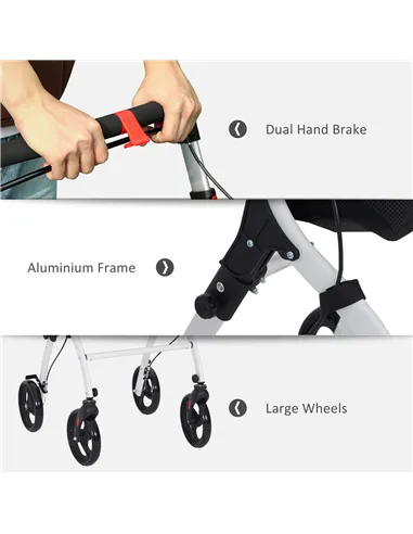 HOMCOM Folding Upright Rollator Walker with Lightweight Walking Frame, Storage Bag, Tray, Dual Brakes, Adjustable Handle Height,