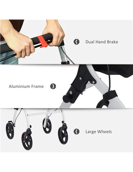 HOMCOM Folding Upright Rollator Walker with Lightweight Walking Frame, Storage Bag, Tray, Dual Brakes, Adjustable Handle Height,