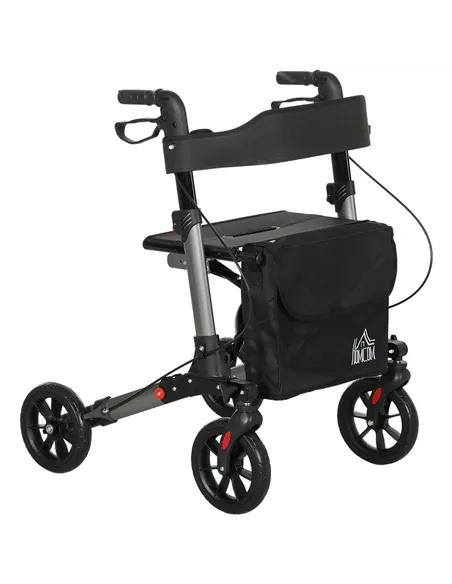 HOMCOM 4 Wheel Rollator with Seat and Back, Folding Mobility Walker with Carry Bag, Adjustable Height, Dual Brakes, Cane Holder,