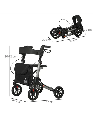 HOMCOM 4 Wheel Rollator with Seat and Back, Folding Mobility Walker with Carry Bag, Adjustable Height, Dual Brakes, Cane Holder,