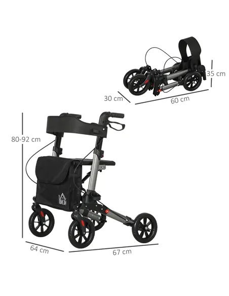 HOMCOM 4 Wheel Rollator with Seat and Back, Folding Mobility Walker with Carry Bag, Adjustable Height, Dual Brakes, Cane Holder,