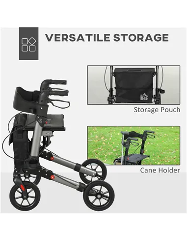 HOMCOM 4 Wheel Rollator with Seat and Back, Folding Mobility Walker with Carry Bag, Adjustable Height, Dual Brakes, Cane Holder,