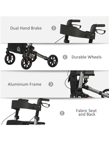 HOMCOM 4 Wheel Rollator with Seat and Back, Folding Mobility Walker with Carry Bag, Adjustable Height, Dual Brakes, Cane Holder,