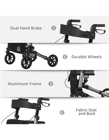 HOMCOM 4 Wheel Rollator with Seat and Back, Folding Mobility Walker with Carry Bag, Adjustable Height, Dual Brakes, Cane Holder,