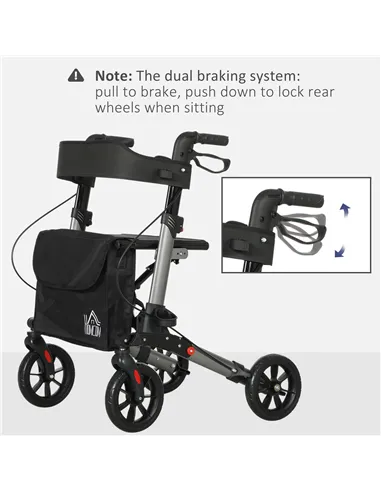 HOMCOM 4 Wheel Rollator with Seat and Back, Folding Mobility Walker with Carry Bag, Adjustable Height, Dual Brakes, Cane Holder,