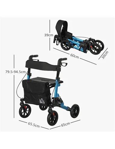 HOMCOM Folding Rollator Walker with Seat, Backrest, Lightweight Walking Frame with Storage Bag, Dual Brakes, Adjustable Handle H
