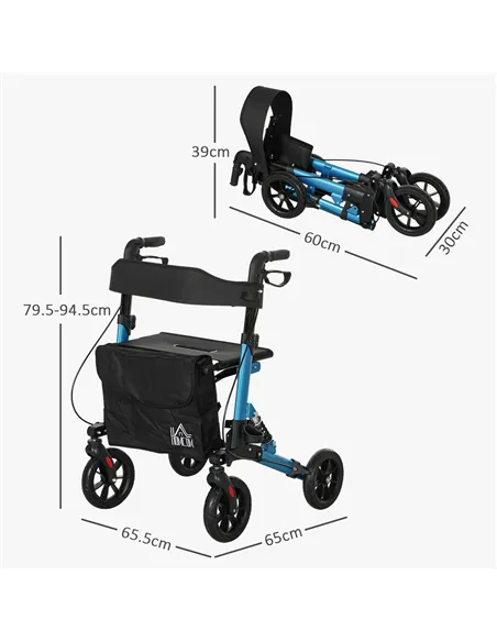 HOMCOM Folding Rollator Walker with Seat, Backrest, Lightweight Walking Frame with Storage Bag, Dual Brakes, Adjustable Handle H