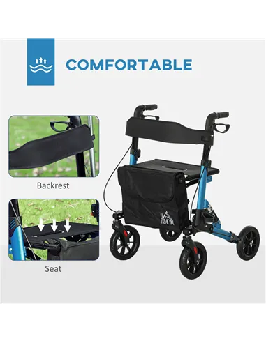 HOMCOM Folding Rollator Walker with Seat, Backrest, Lightweight Walking Frame with Storage Bag, Dual Brakes, Adjustable Handle H