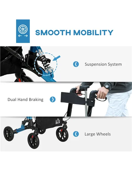 HOMCOM Folding Rollator Walker with Seat, Backrest, Lightweight Walking Frame with Storage Bag, Dual Brakes, Adjustable Handle H