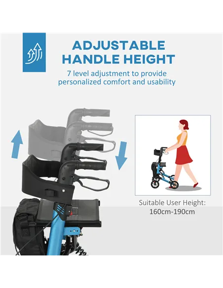 HOMCOM Folding Rollator Walker with Seat, Backrest, Lightweight Walking Frame with Storage Bag, Dual Brakes, Adjustable Handle H