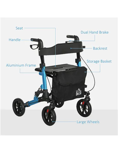 HOMCOM Folding Rollator Walker with Seat, Backrest, Lightweight Walking Frame with Storage Bag, Dual Brakes, Adjustable Handle H