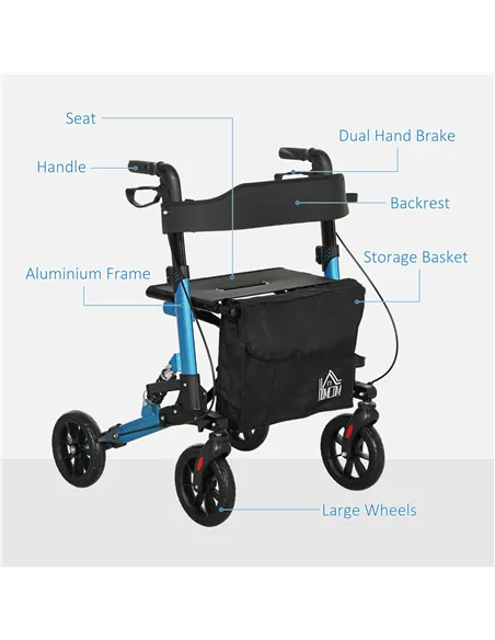 HOMCOM Folding Rollator Walker with Seat, Backrest, Lightweight Walking Frame with Storage Bag, Dual Brakes, Adjustable Handle H