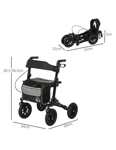 HOMCOM Folding Rollator Walker with Padded Seat, Backrest, Lightweight Walking Frame with Storage Bag, Dual Brakes, All-terrain 
