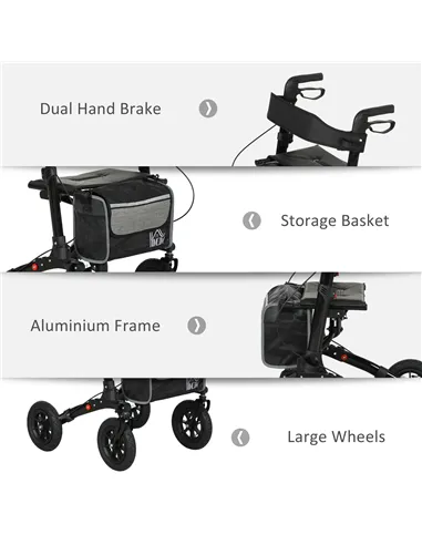 HOMCOM Folding Rollator Walker with Padded Seat, Backrest, Lightweight Walking Frame with Storage Bag, Dual Brakes, All-terrain 