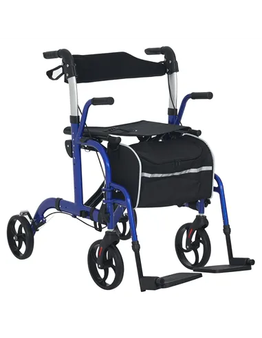 HOMCOM 2 in 1 Wheelchair Transport Chair & Folding Rollator Walker with Seat, Backrest, Footrest, Lightweight Walking Frame with