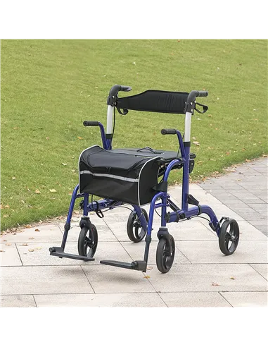 HOMCOM 2 in 1 Wheelchair Transport Chair & Folding Rollator Walker with Seat, Backrest, Footrest, Lightweight Walking Frame with