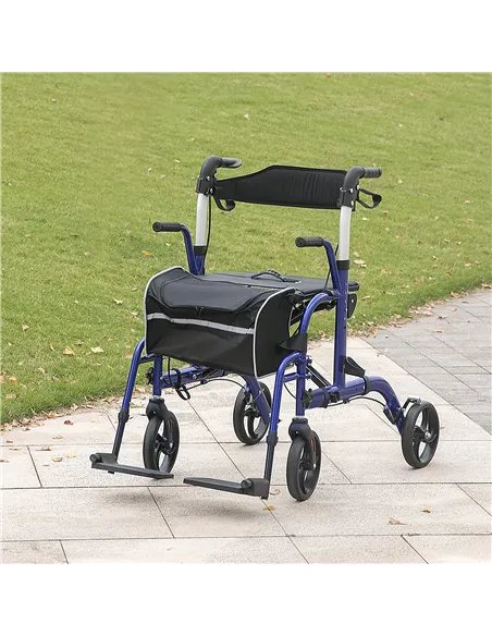 HOMCOM 2 in 1 Wheelchair Transport Chair & Folding Rollator Walker with Seat, Backrest, Footrest, Lightweight Walking Frame with