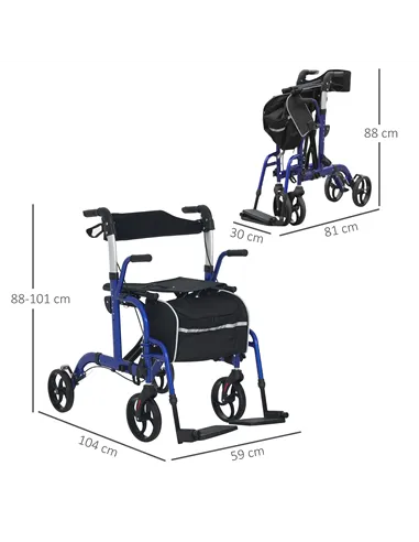 HOMCOM 2 in 1 Wheelchair Transport Chair & Folding Rollator Walker with Seat, Backrest, Footrest, Lightweight Walking Frame with
