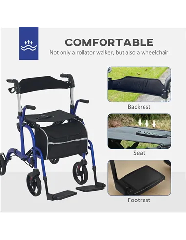 HOMCOM 2 in 1 Wheelchair Transport Chair & Folding Rollator Walker with Seat, Backrest, Footrest, Lightweight Walking Frame with