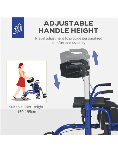 HOMCOM 2 in 1 Wheelchair Transport Chair & Folding Rollator Walker with Seat, Backrest, Footrest, Lightweight Walking Frame with