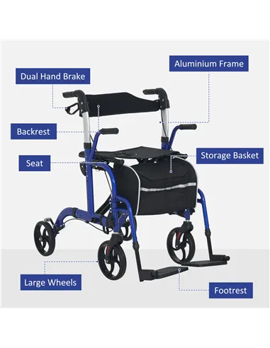 HOMCOM 2 in 1 Wheelchair Transport Chair & Folding Rollator Walker with Seat, Backrest, Footrest, Lightweight Walking Frame with