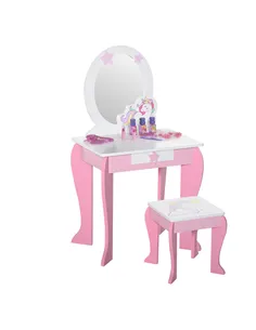 HOMCOM Kids Dressing Table with Mirror, Stool, Pink