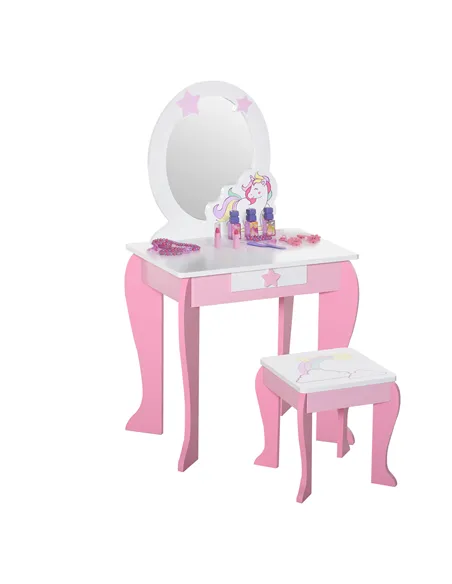 HOMCOM Kids Dressing Table with Mirror, Stool, Pink
